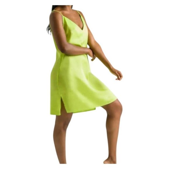 NWOT Ettitude Slip Dress Lime Green Silky Sateen Bamboo Side Slits‎ Size XS - Picture 2 of 3